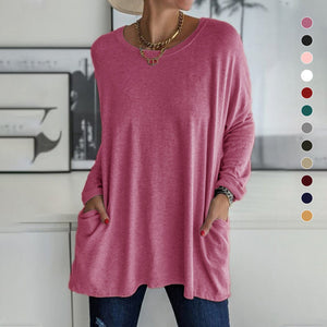 T-shirt ample d'été à manches longues pour femmes de couleur unie