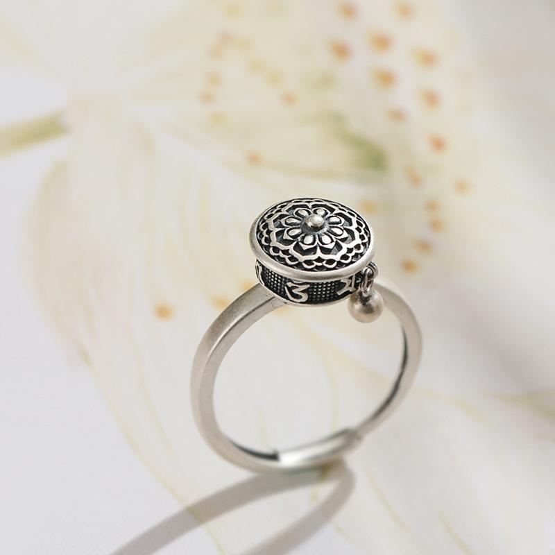 Bague de Moulin à Prières Tibétain Bouddhiste OM Anneau de Fleur de Lotus Mantra