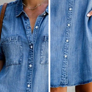 Robe Boutonnée en Jean Coupe Slim à Manches Courtes